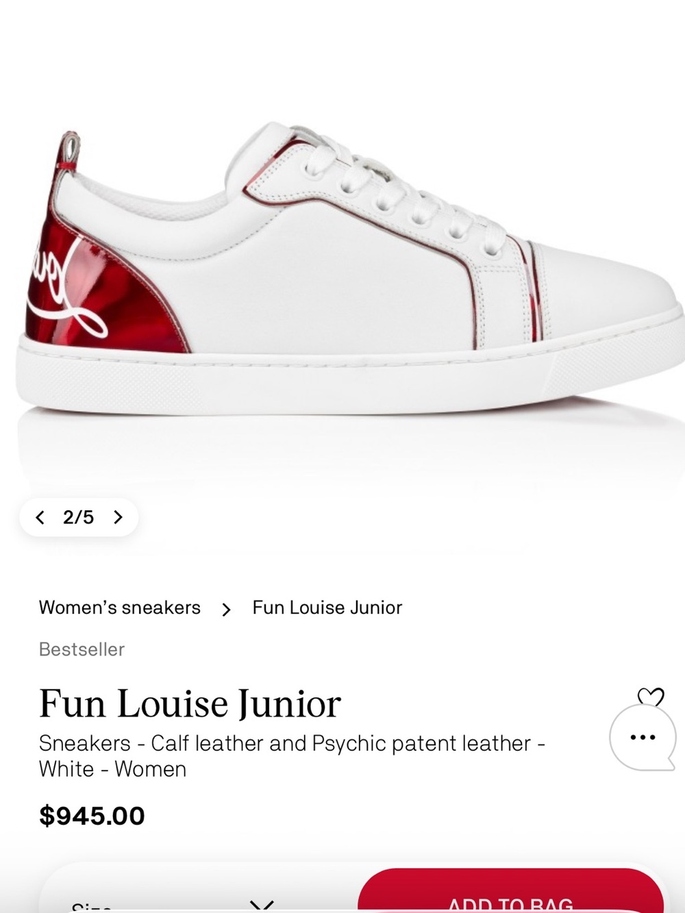 Christian Louboutin White Leather Sneakers with Red Patent Heel Accent. New !